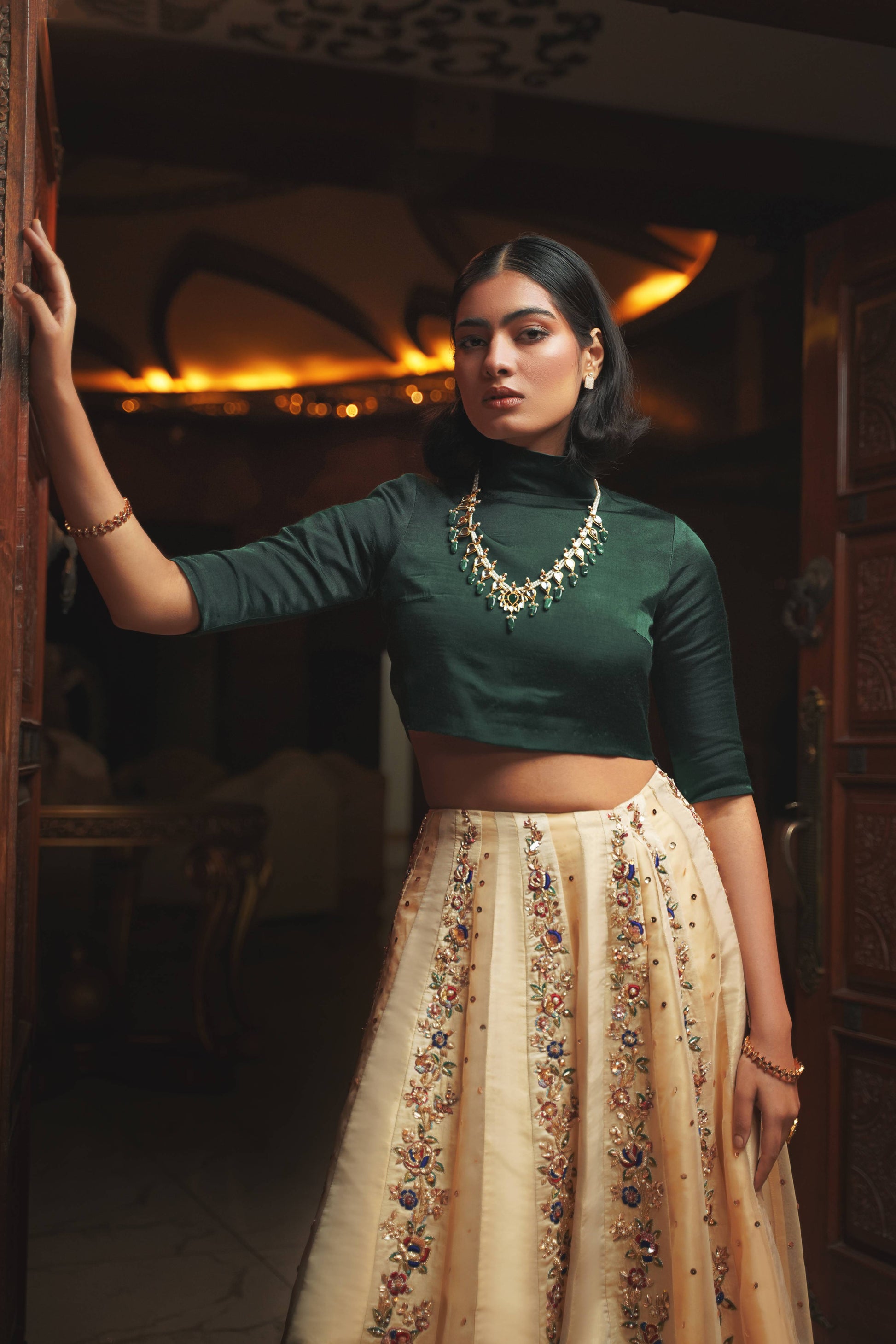 Green top & Golden 3 Panel Skirt - My Store